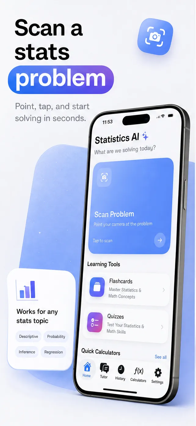 Statistics solver app home screen: scan a statistics question on iPhone