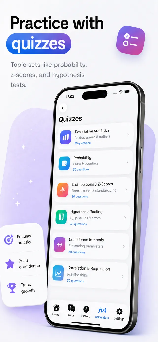 Statistics practice quizzes covering probability, z-scores, and hypothesis tests