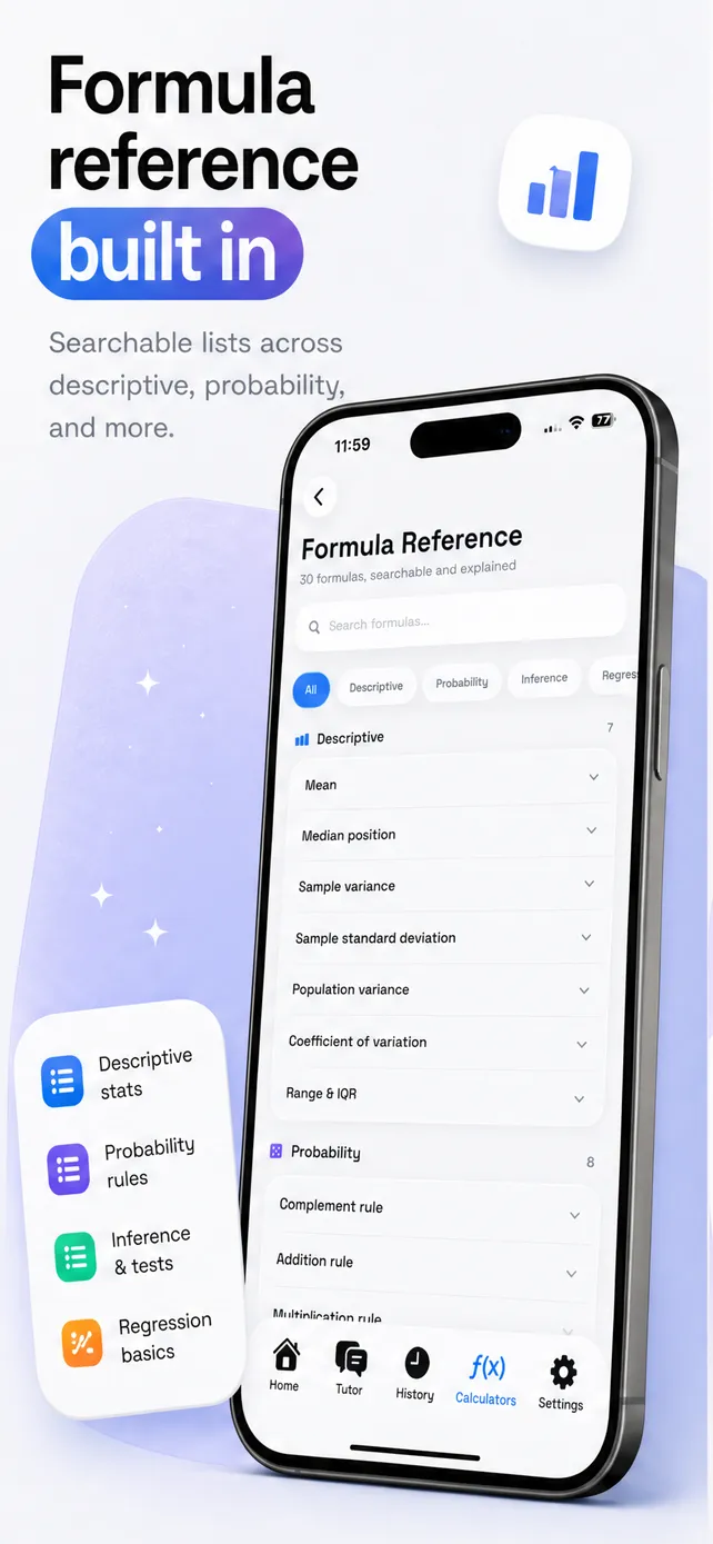 Searchable statistics formula reference grouped by descriptive, probability, inference, and regression